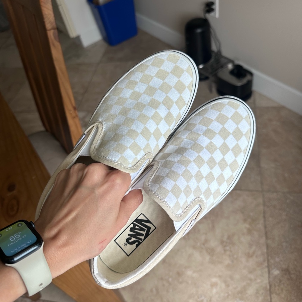Vans Beige and White Checkered Slip-Ons